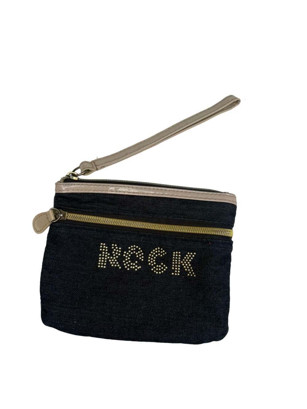 Modella Denim Wristlet Pouch with Studded ROCK Detail
